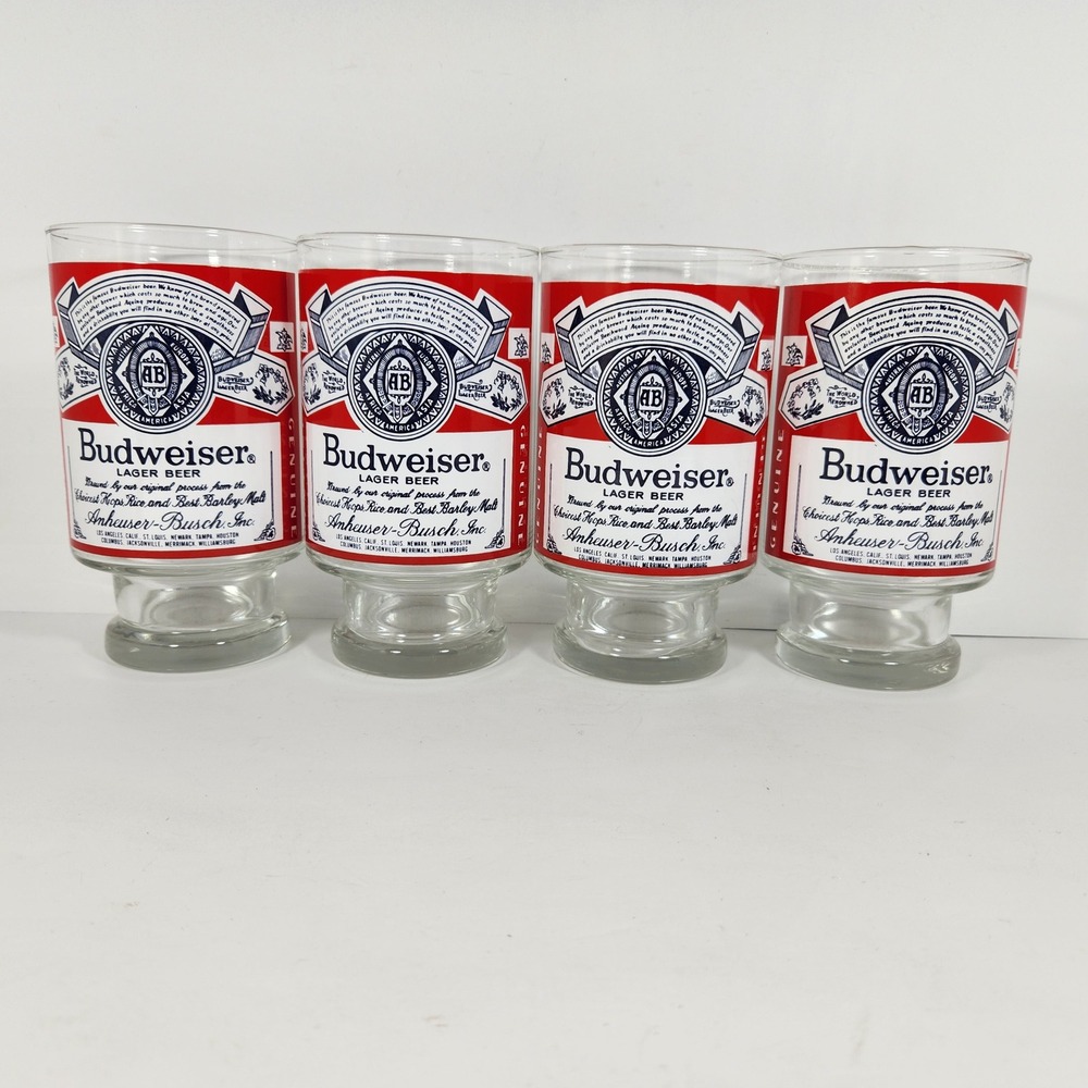 Vintage Budweiser King of Beers Pedestal Footed Glass Tumblers Set of 4